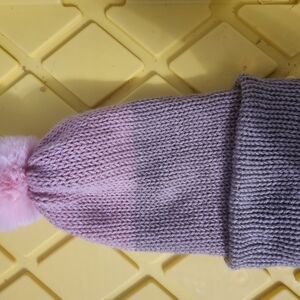 New! Hand Knitted Cozy Pink and Gray Kids Pom-Pom Hat